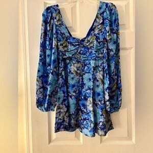 NWT For Love And Lemons Blue Floral Astor Mini Dress Balloon Sleeves XS